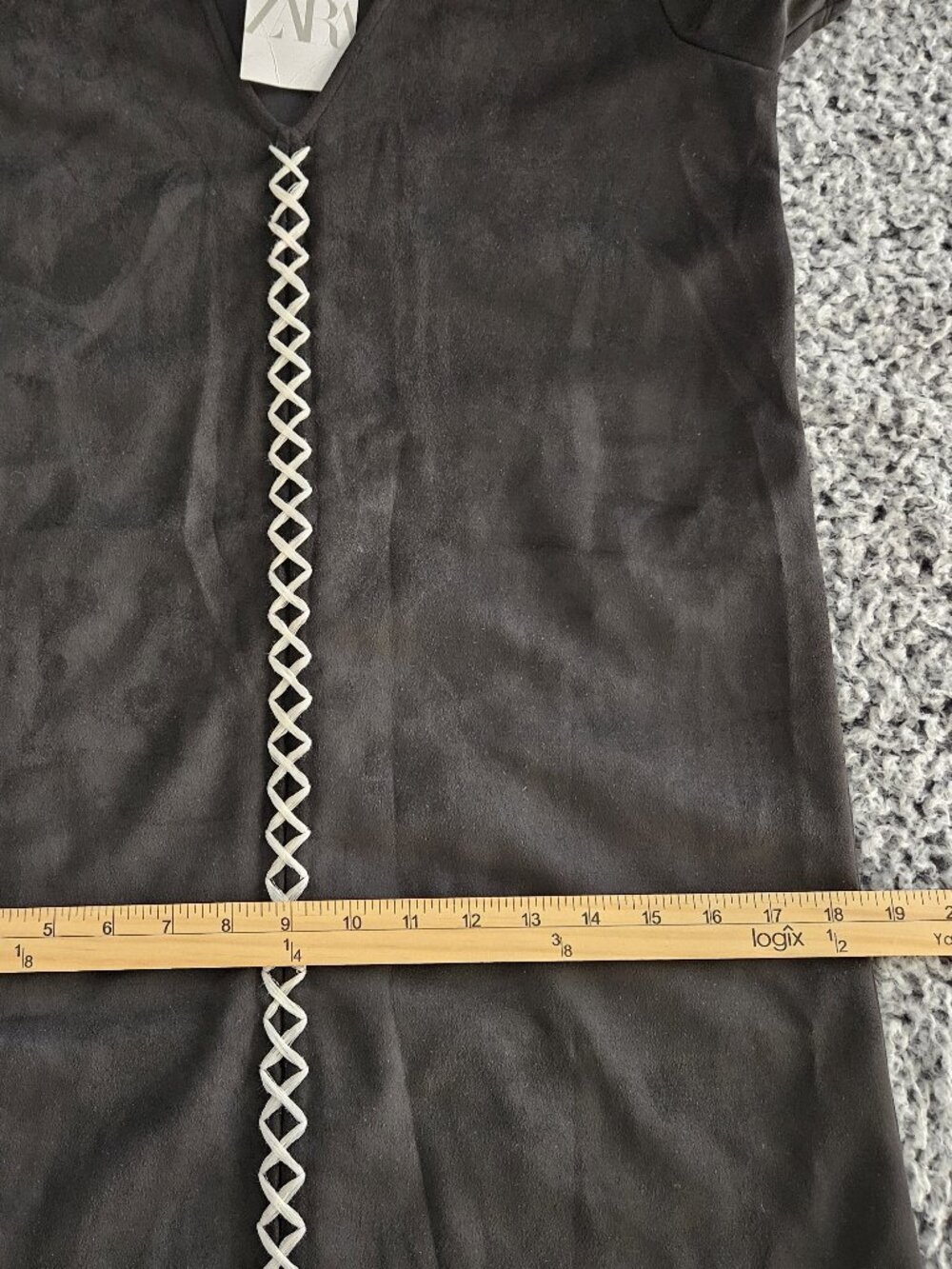 Zara Black Mini Dress M Medium Shift Faux Suede Short Sleeve V-Neck Minimalist - Picture 10 of 12